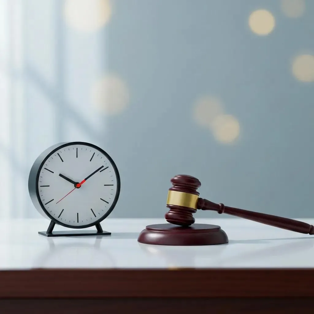 A small desk clock with a red second hand next to a wooden gavel on a sound block, against a softly blurred blue-grey background with warm bokeh lights.