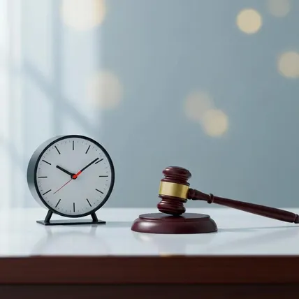 A small desk clock with a red second hand next to a wooden gavel on a sound block, against a softly blurred blue-grey background with warm bokeh lights.