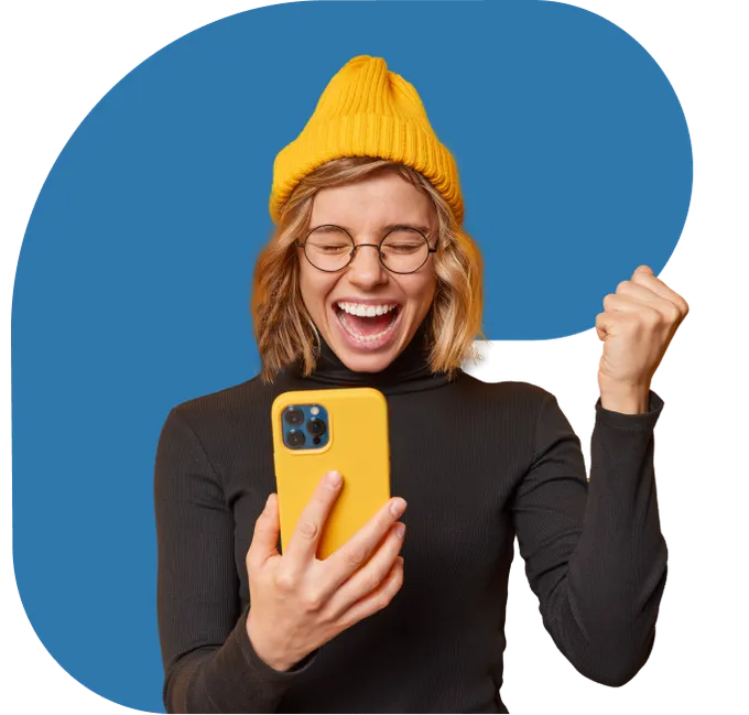 Client celebrating a result on her phone