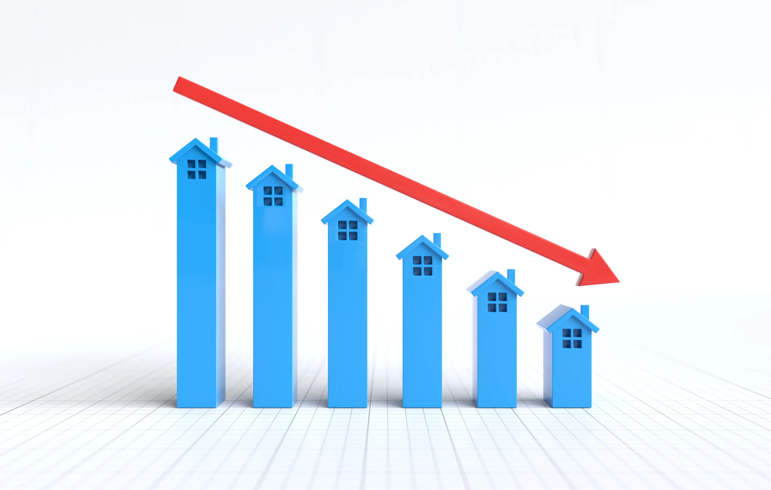 A steep red arrow plunging downward across a bar graph of shrinking house-shaped columns